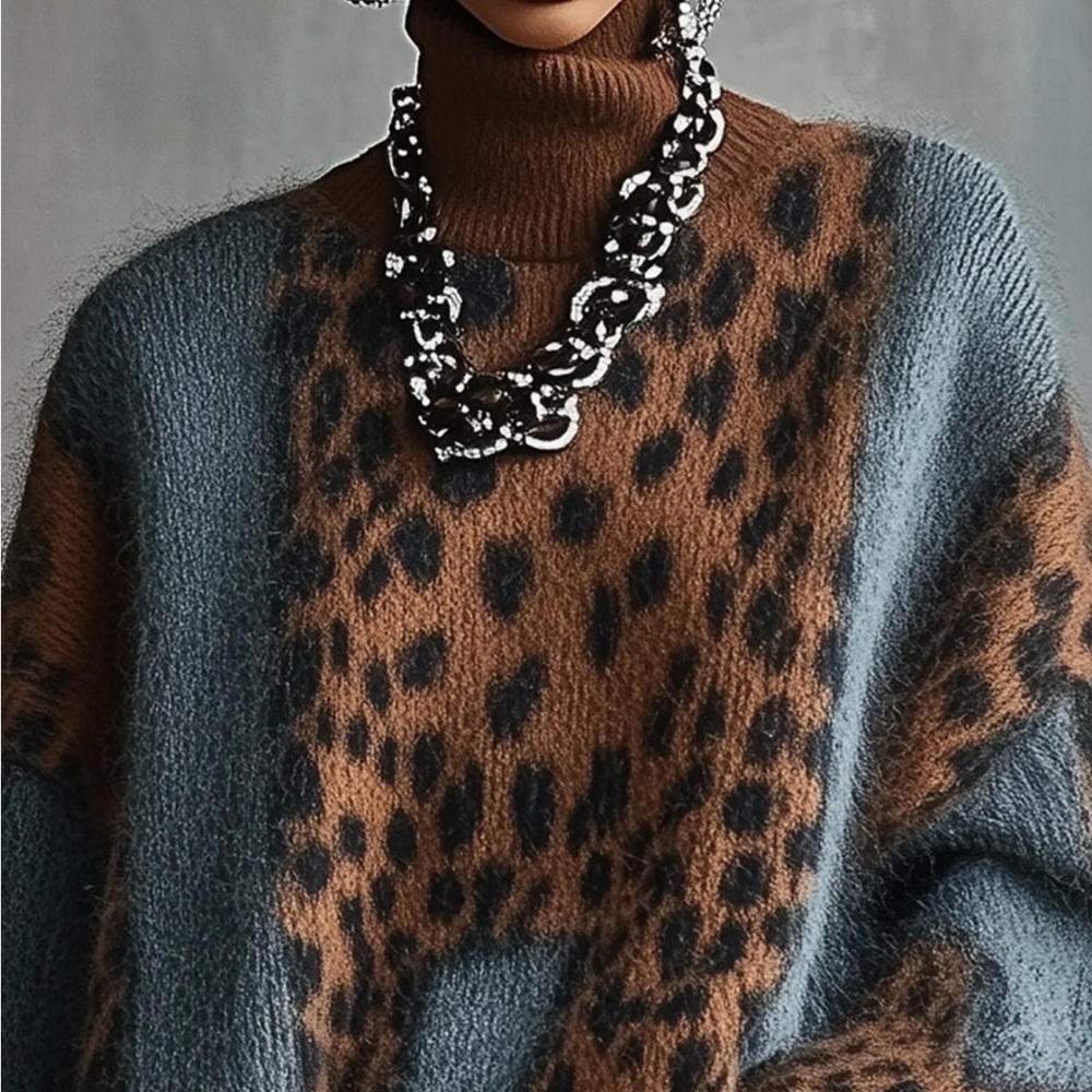 Elegant Leopard Print Turtleneck Sweater